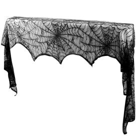 Halloween Black Lace Spiderweb Fireplace Mantle Scarf Cover 96 x 18 inch