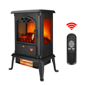 1500W Freestanding Three-door Glass 3D Flame Fireplace with Remote Control/Quartz tube heating/Fake Firewood/7 Color/4 levels of brightness