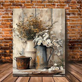 1 Piece Framed Wooden Canvas Painting, Rustic Wood Frame Canvas Art - Cream Yellow Wood Grain With White Jasmine Flowers (Option: 12x8inch)