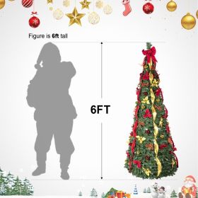 Prelit Full Pop Up Christmas Tree With Warm LED Lights, Gold And Red Ribbon, Bows, Balls Ornaments Easy Assemble Collapsible Xmas Trees Holiday P (Option: 6ft)