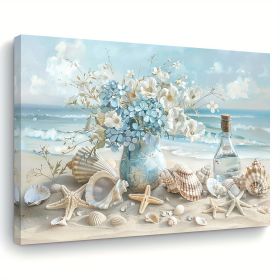 1 Piece Framed Wooden Canvas Painting, One Piece Blue Vase Floral Canvas Print, Wooden Frame Wall Art, Shell And Ocean Theme (Option: 12x8inch)