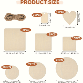 65-Piece Untreated Wood Board Set - Handmade Materials - Includes Hemp Rope - Mixed Round, Square, And Heart-Shaped Wood Pieces (Option: 65pcs)